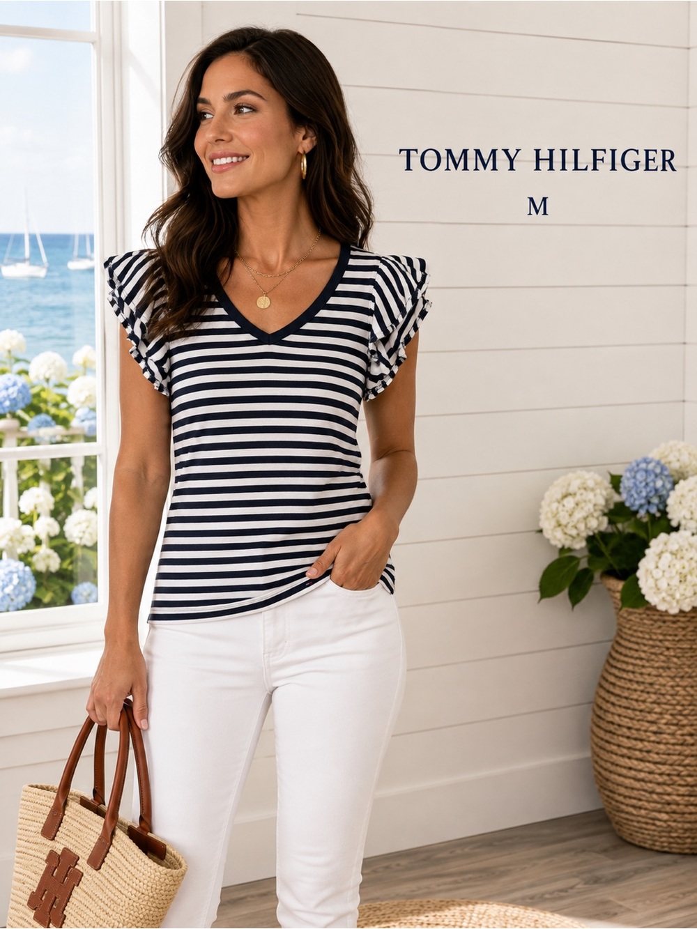 Tommy Hilfiger Striped Flutter Sleeve V-Neck Top Navy White Medium
